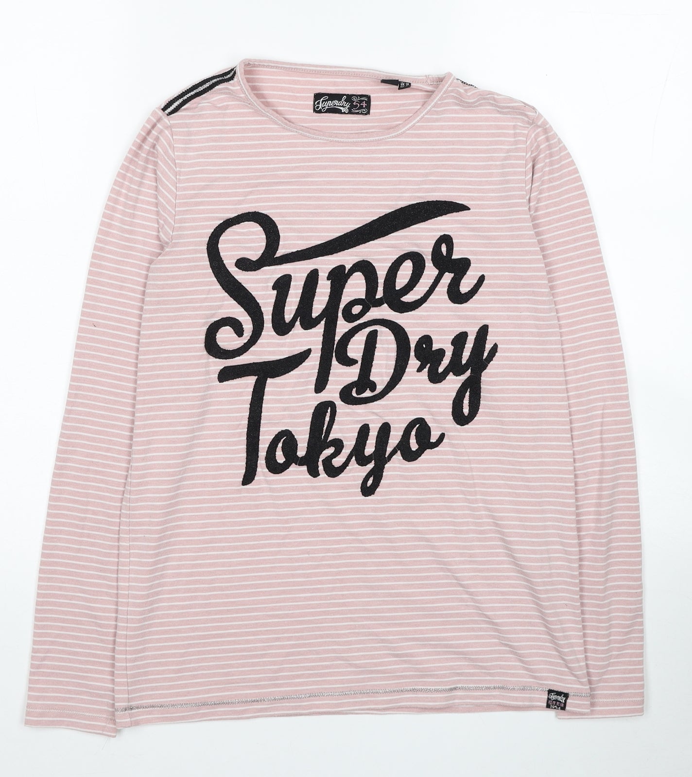 Superdry Womens Pink Striped Polyester Jersey T-Shirt Size 10 Round Neck