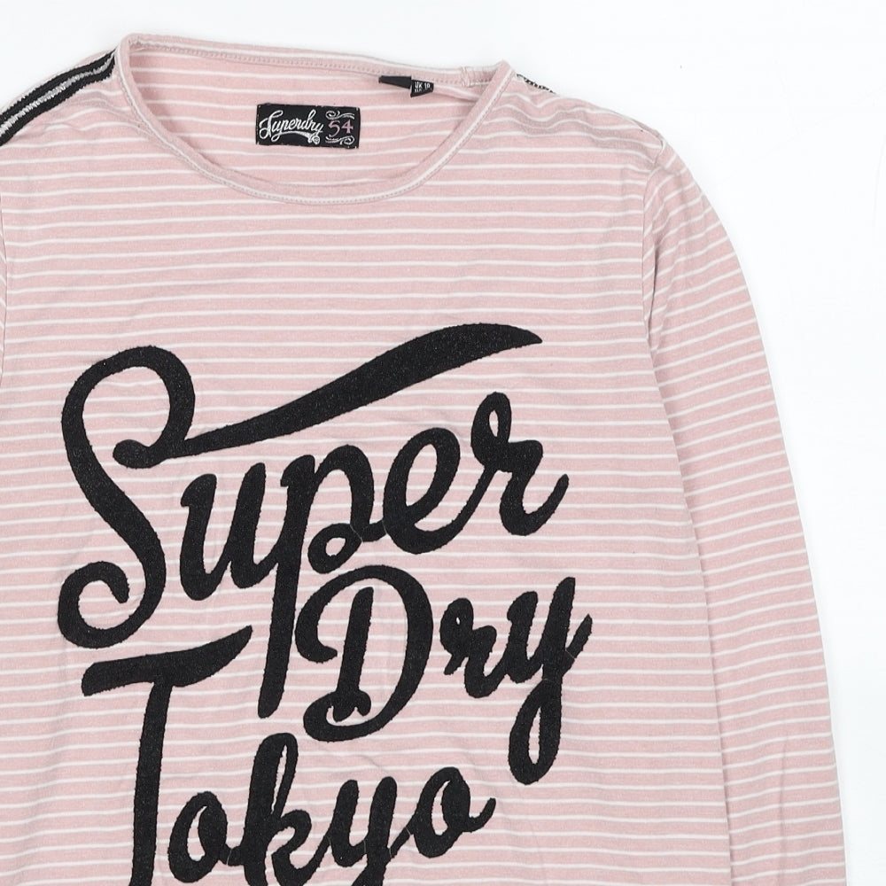 Superdry Womens Pink Striped Polyester Jersey T-Shirt Size 10 Round Neck