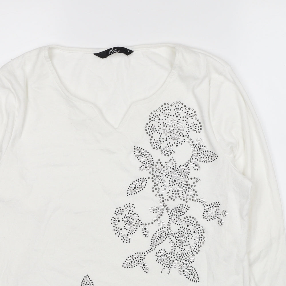 Bonmarché Womens White Geometric Polyester Basic Blouse Size M V-Neck