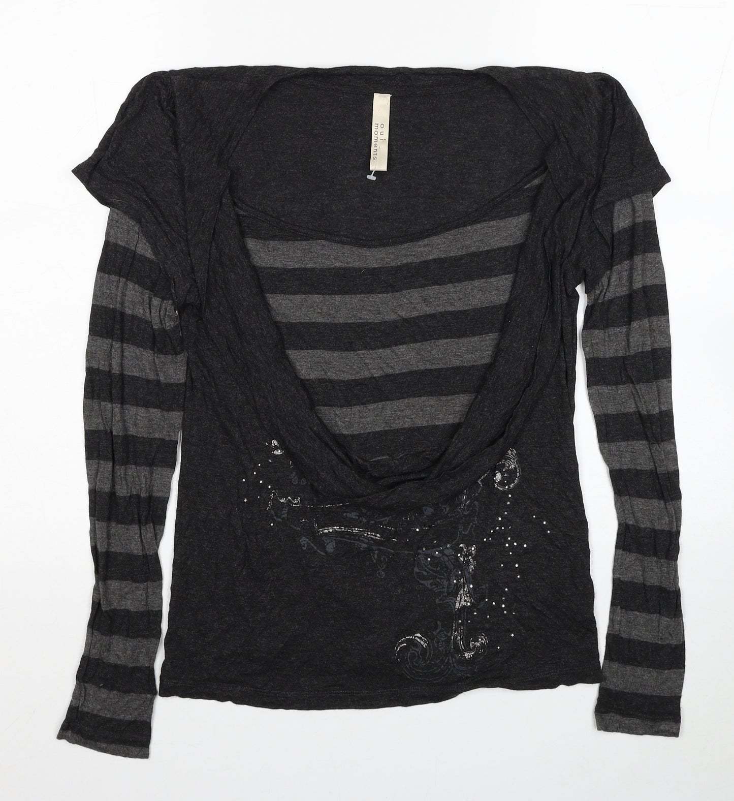 Oui Moments Womens Grey Striped Viscose Basic Blouse Size 16 Scoop Neck