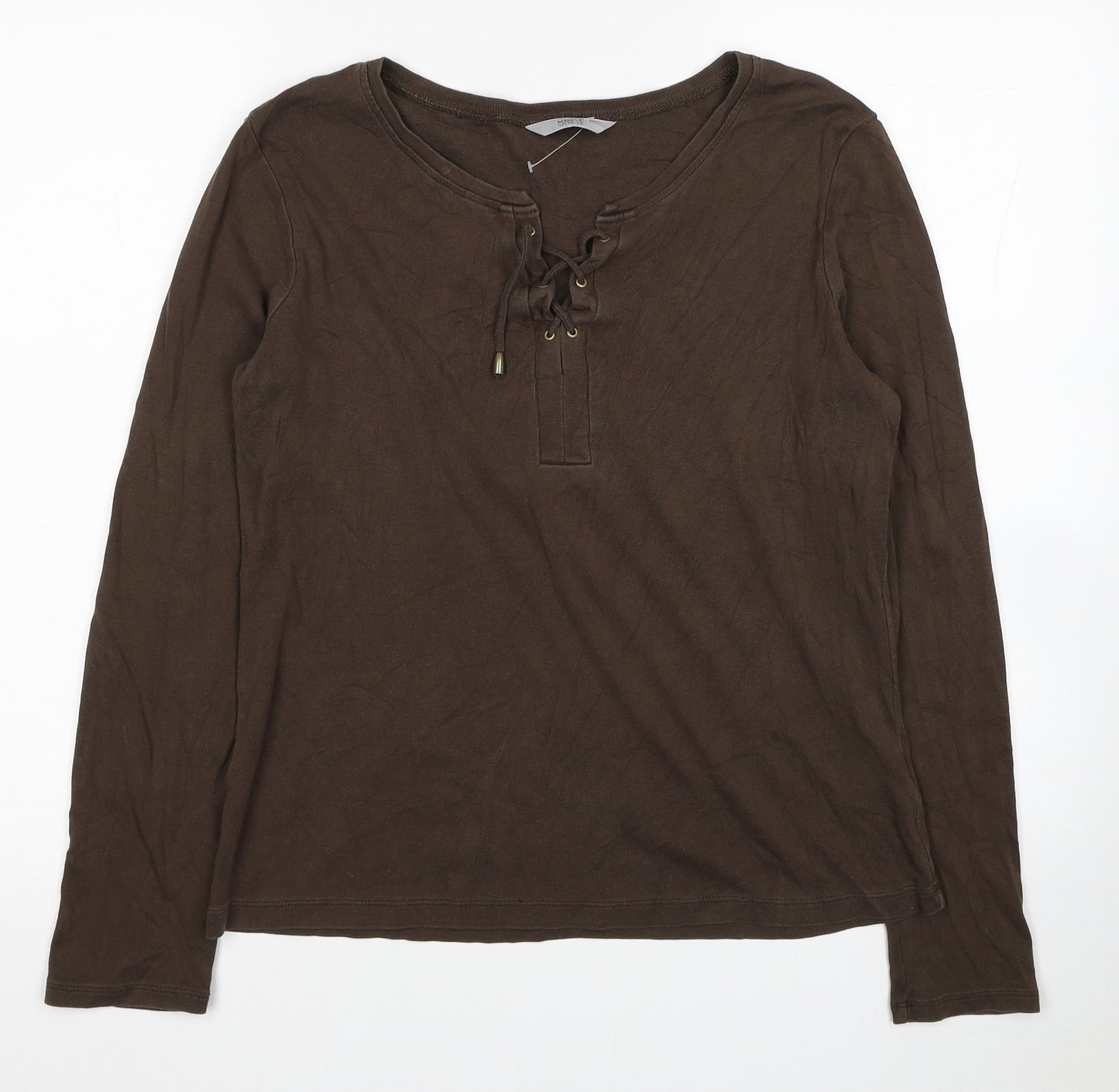 Marks and Spencer Womens Brown Cotton Jersey T-Shirt Size 12 V-Neck