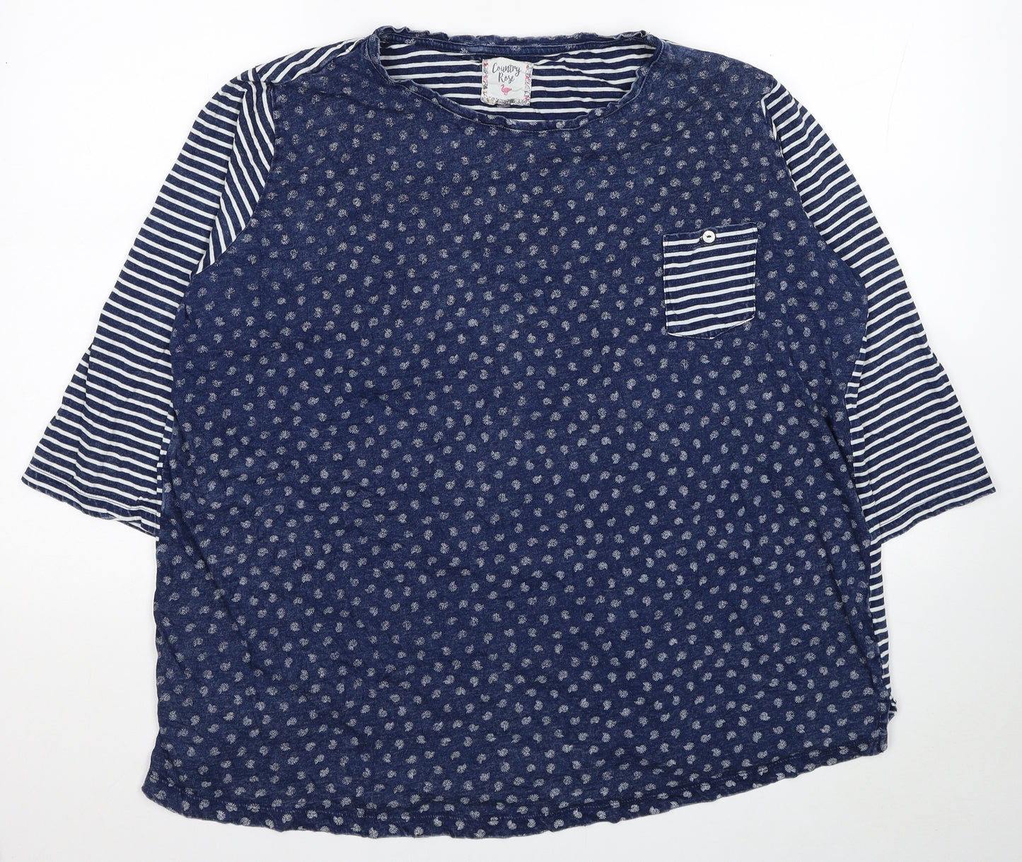 EWM Womens Blue Striped Cotton Basic T-Shirt Size XL Round Neck