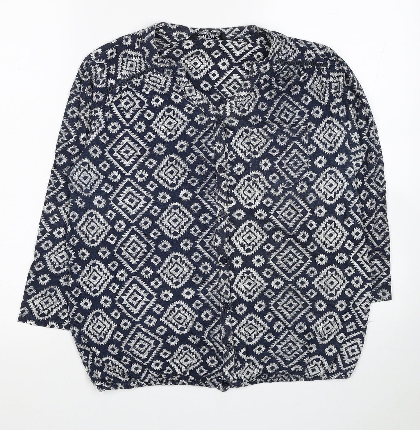 Debenhams Womens Blue Geometric Cotton Basic Button-Up Size 14 V-Neck