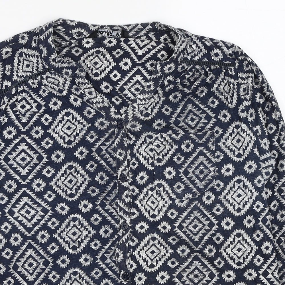 Debenhams Womens Blue Geometric Cotton Basic Button-Up Size 14 V-Neck