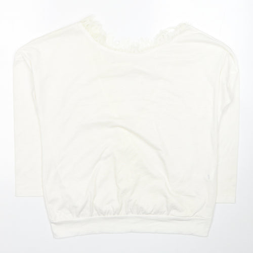 Preworn Womens White Cotton Basic Blouse Size M Boat Neck - Lace Detail