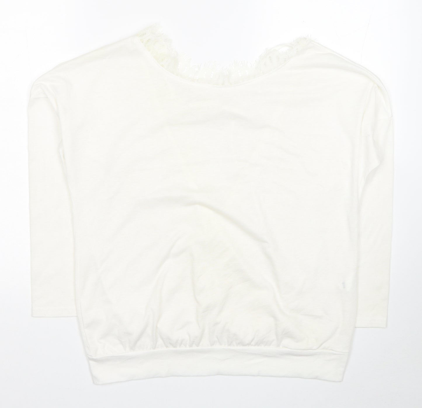 Preworn Womens White Cotton Basic Blouse Size M Boat Neck - Lace Detail