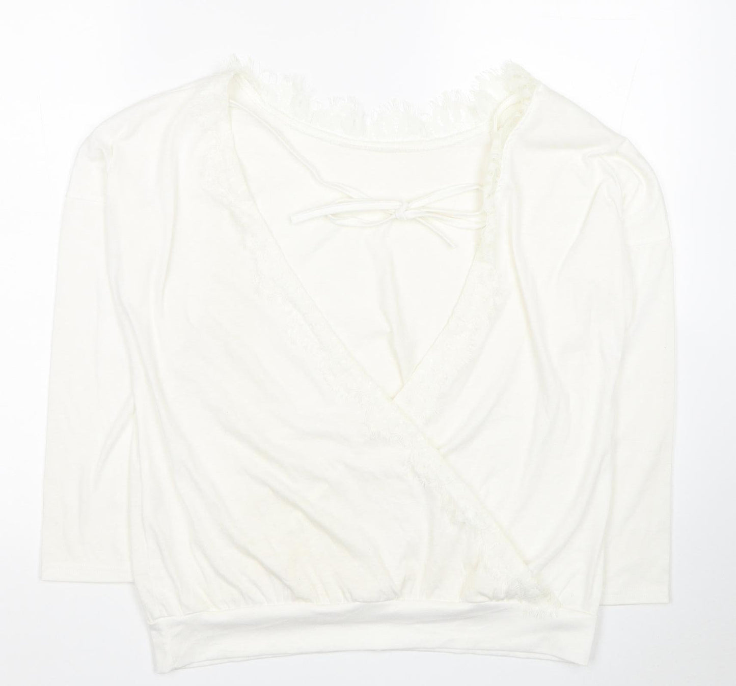 Preworn Womens White Cotton Basic Blouse Size M Boat Neck - Lace Detail