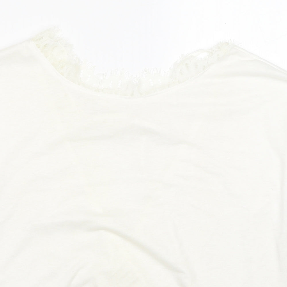 Preworn Womens White Cotton Basic Blouse Size M Boat Neck - Lace Detail