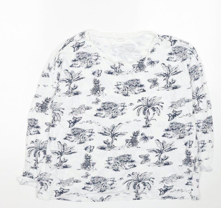 Springfield Womens White Geometric Cotton Basic T-Shirt Size L Scoop Neck - Forest Print