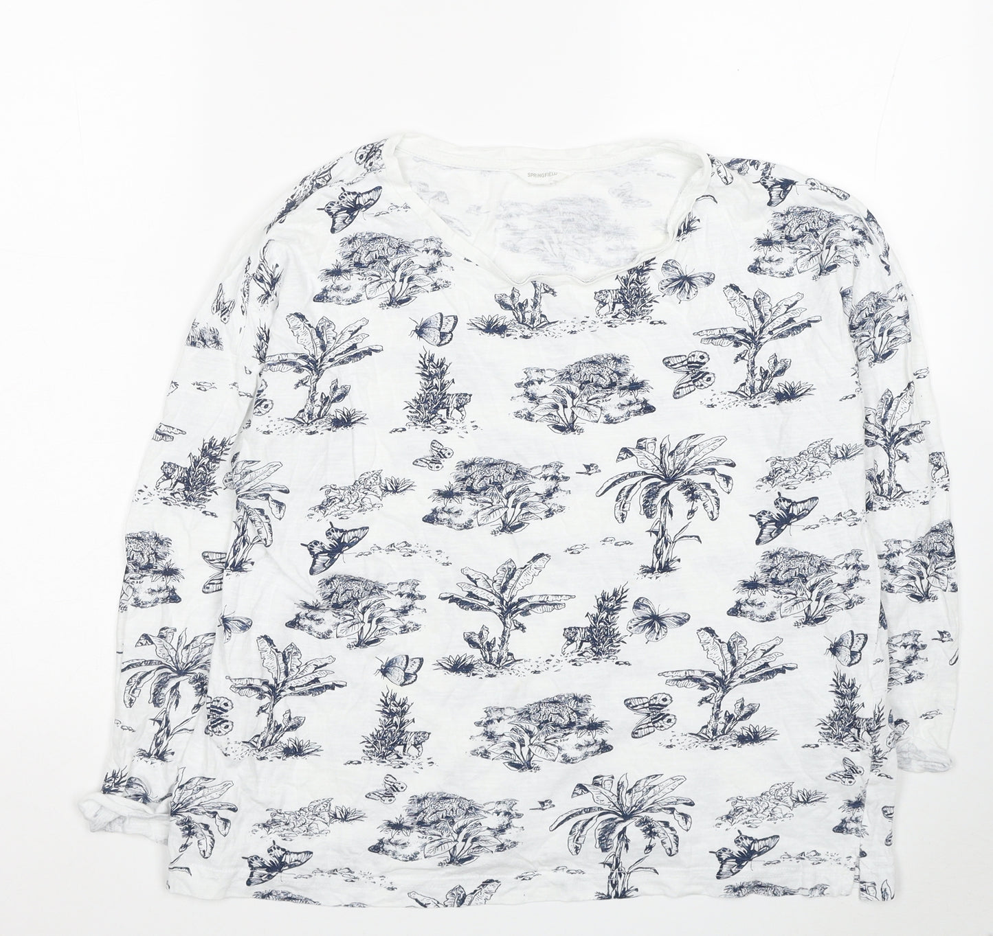 Springfield Womens White Geometric Cotton Basic T-Shirt Size L Scoop Neck - Forest Print