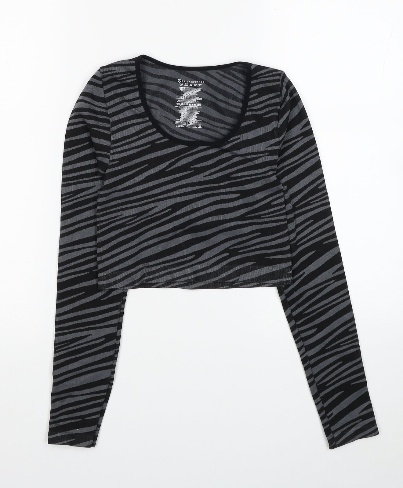 Primark Womens Grey Animal Print Nylon Cropped Casual Size 10 Scoop Neck Pullover - Size 10-12 Zebra Pattern
