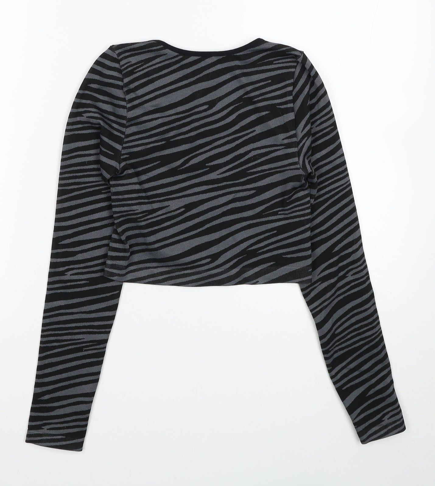 Primark Womens Grey Animal Print Nylon Cropped Casual Size 10 Scoop Neck Pullover - Size 10-12 Zebra Pattern