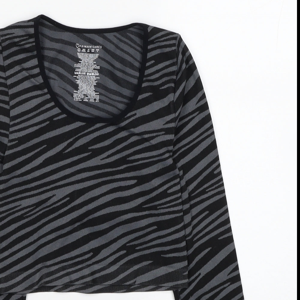 Primark Womens Grey Animal Print Nylon Cropped Casual Size 10 Scoop Neck Pullover - Size 10-12 Zebra Pattern
