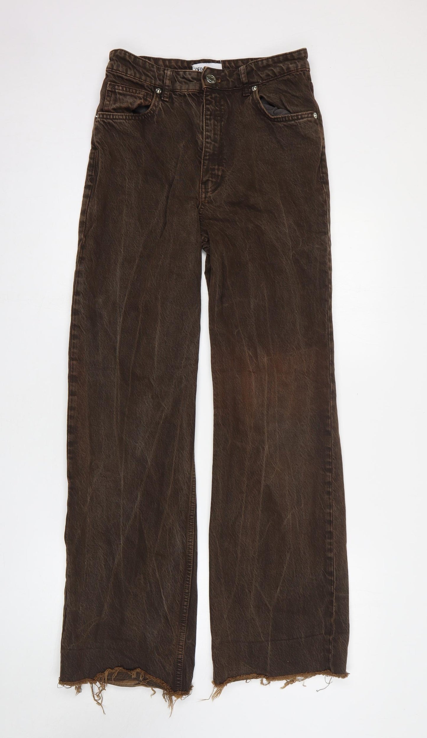 Zara Womens Brown Cotton Flared Jeans Size 6 L31 in Regular Zip