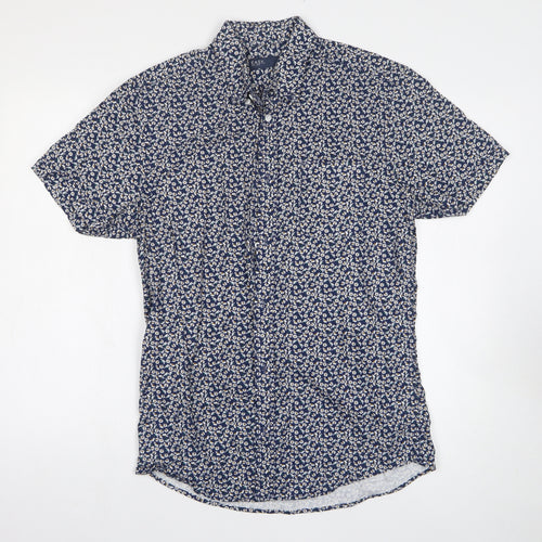Easy Mens Blue Floral Cotton Button-Up Size S Collared Button