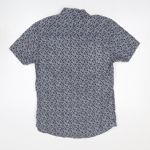 Easy Mens Blue Floral Cotton Button-Up Size S Collared Button