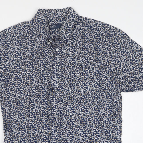 Easy Mens Blue Floral Cotton Button-Up Size S Collared Button
