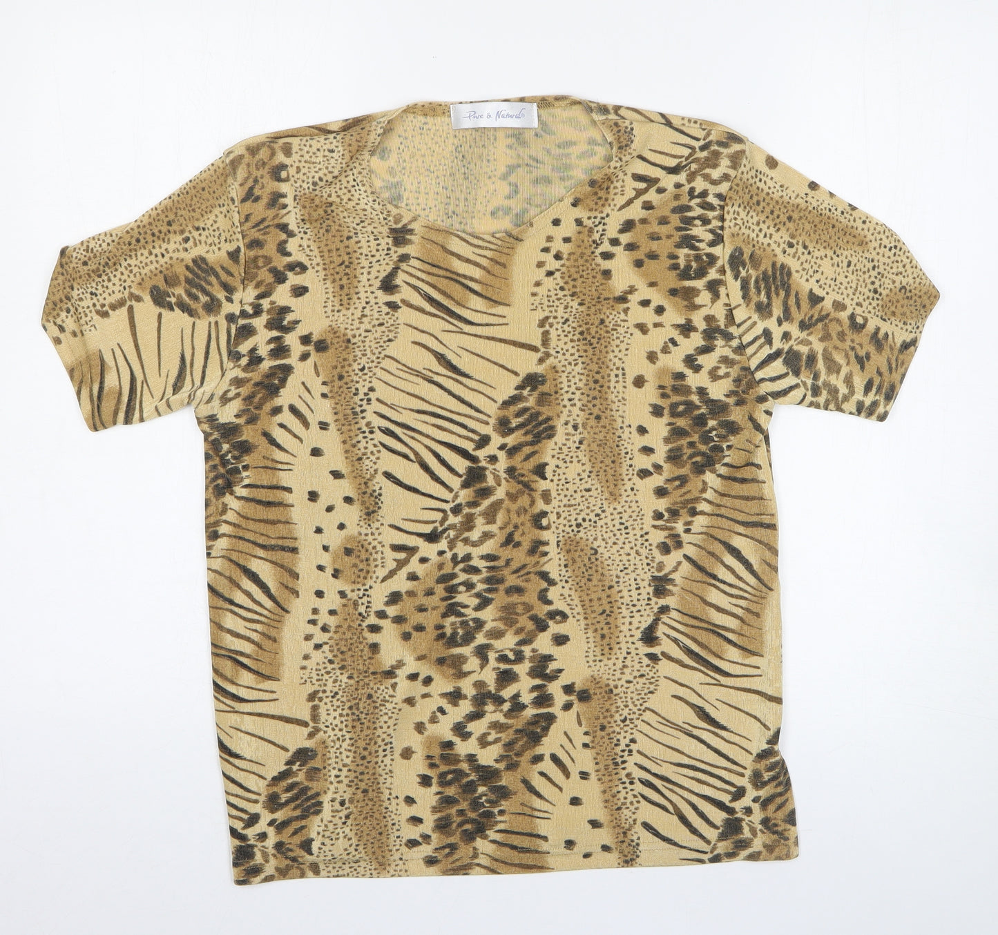 Pure & Natural Womens Brown Animal Print Polyester Basic T-Shirt Size 10 Round Neck - Leopard Tiger Print