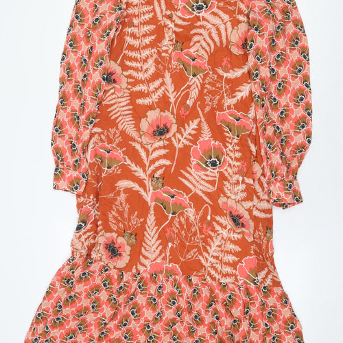 White Stuff Womens Orange Floral Cotton Maxi Size 8 Boat Neck Button