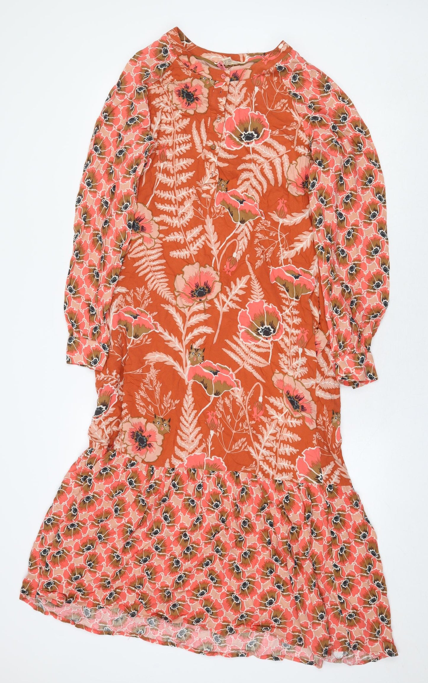 White Stuff Womens Orange Floral Cotton Maxi Size 8 Boat Neck Button