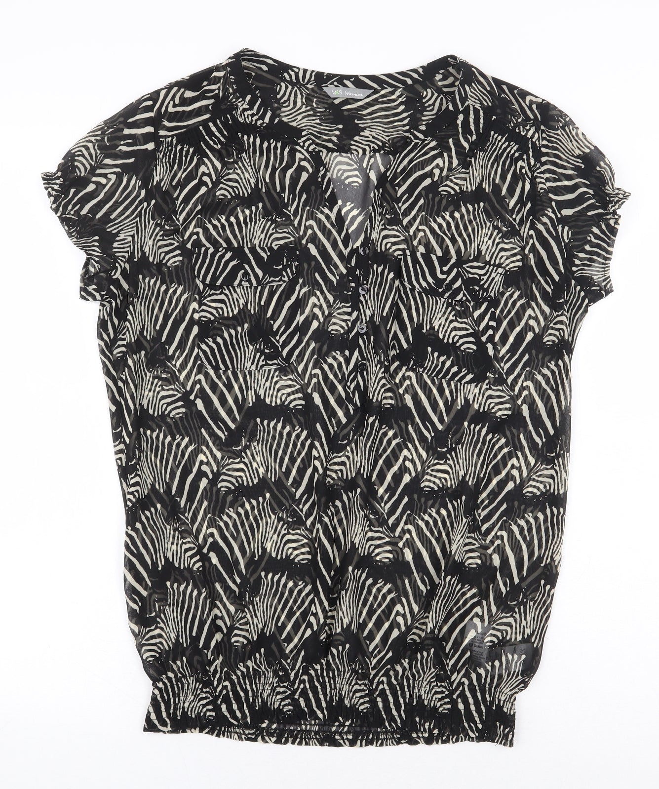 Marks and Spencer Womens Black Animal Print Polyester Basic Blouse Size 10 V-Neck - Zebra Print