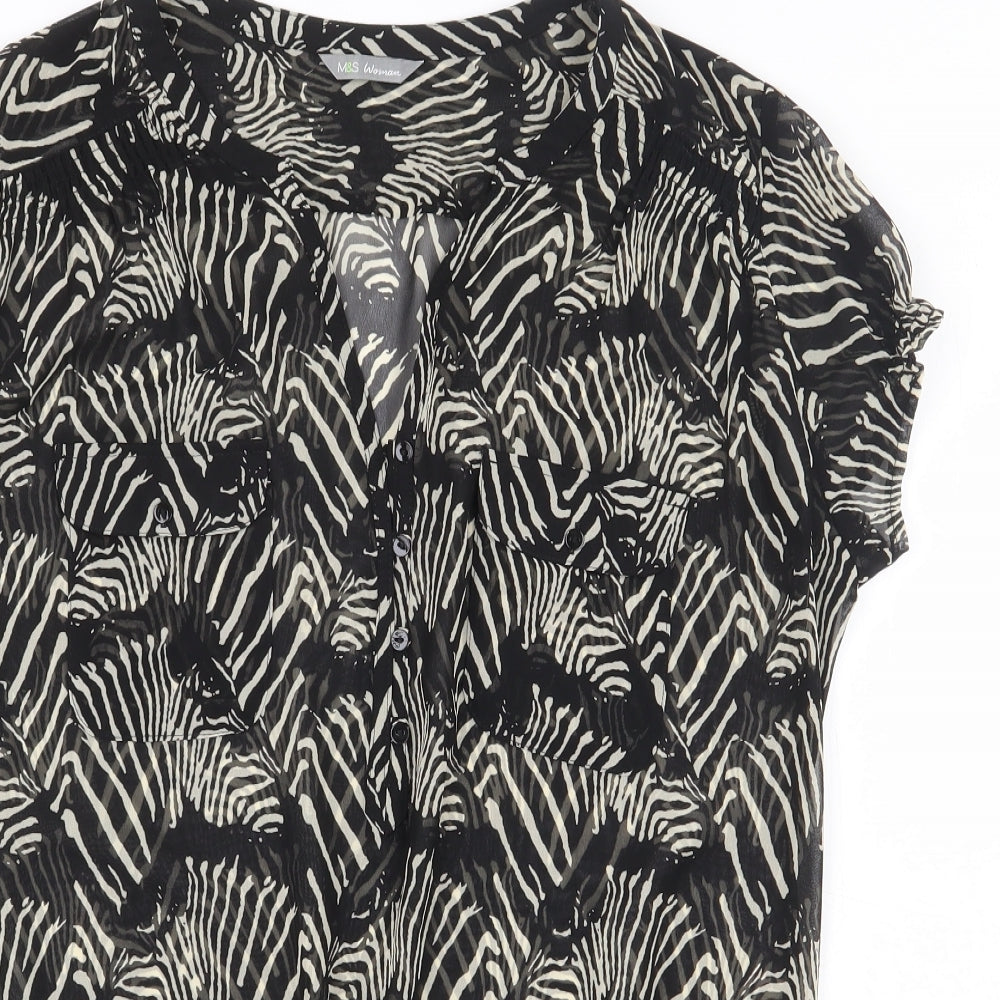 Marks and Spencer Womens Black Animal Print Polyester Basic Blouse Size 10 V-Neck - Zebra Print