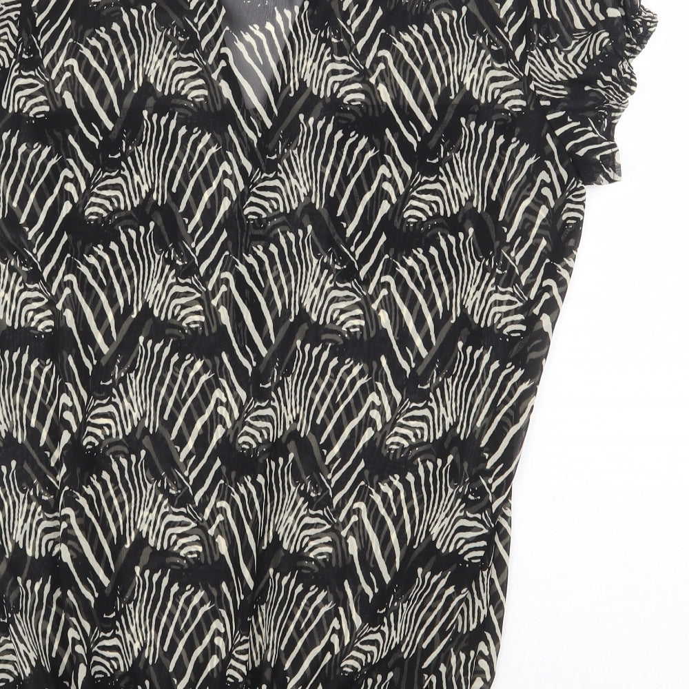 Marks and Spencer Womens Black Animal Print Polyester Basic Blouse Size 10 V-Neck - Zebra Print