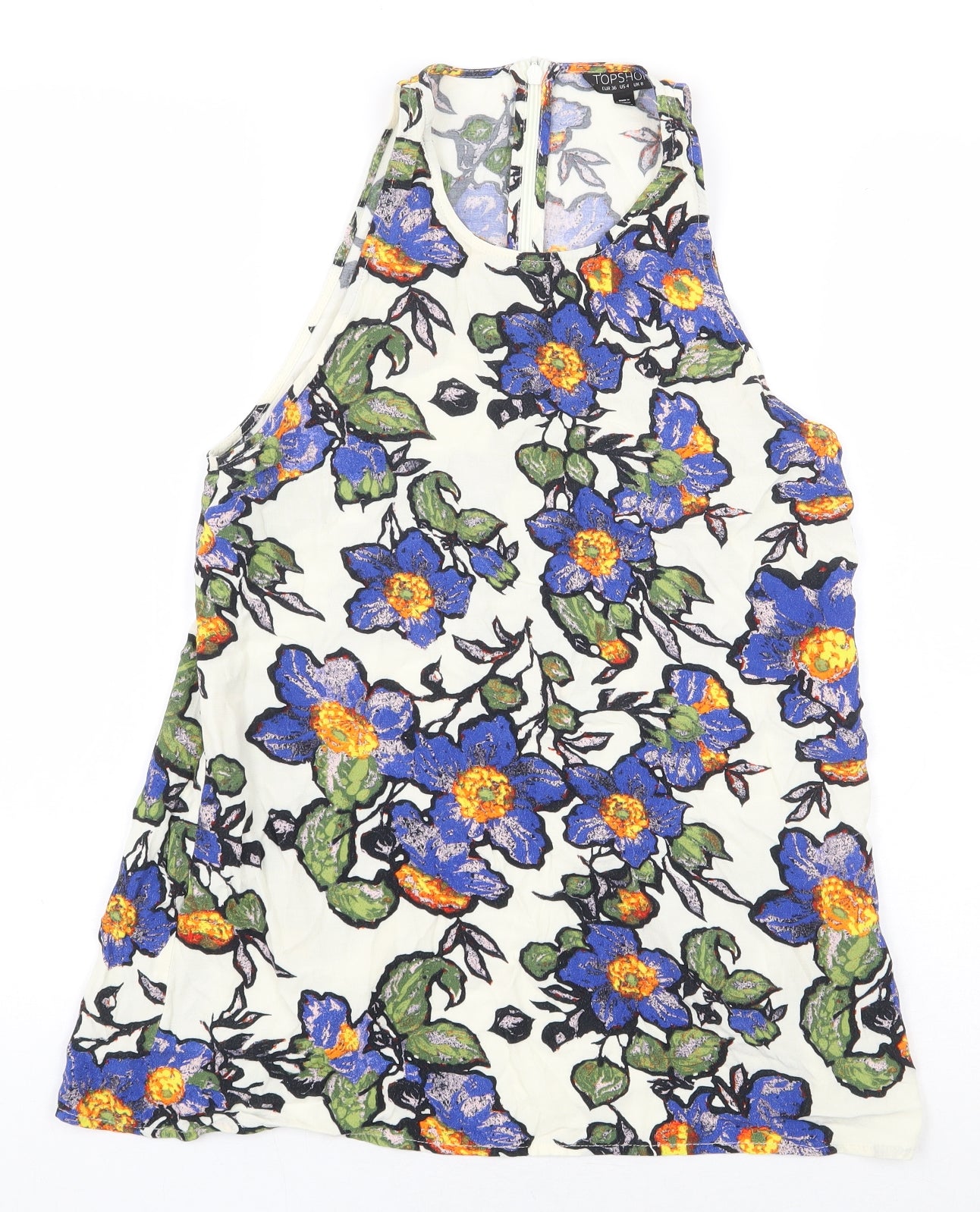 Topshop Womens White Floral Viscose Basic Blouse Size 8 Boat Neck - Back Slit