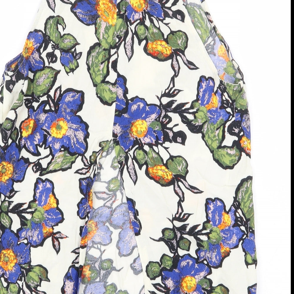 Topshop Womens White Floral Viscose Basic Blouse Size 8 Boat Neck - Back Slit