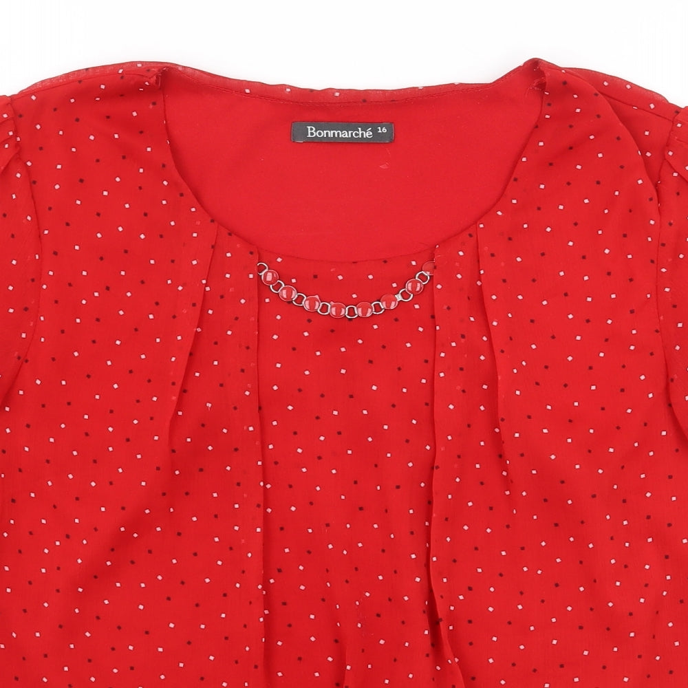 Bonmarché Womens Red Geometric Polyester Basic Blouse Size 16 Boat Neck
