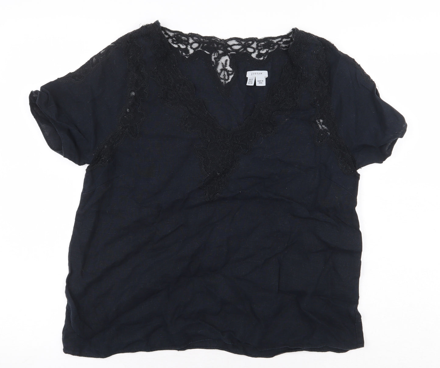 Jigsaw Womens Black Linen Basic Blouse Size 12 V-Neck - Lace Trim