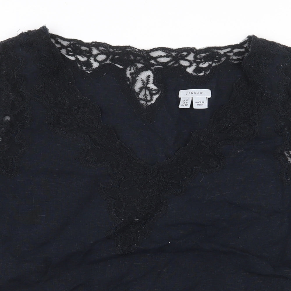 Jigsaw Womens Black Linen Basic Blouse Size 12 V-Neck - Lace Trim