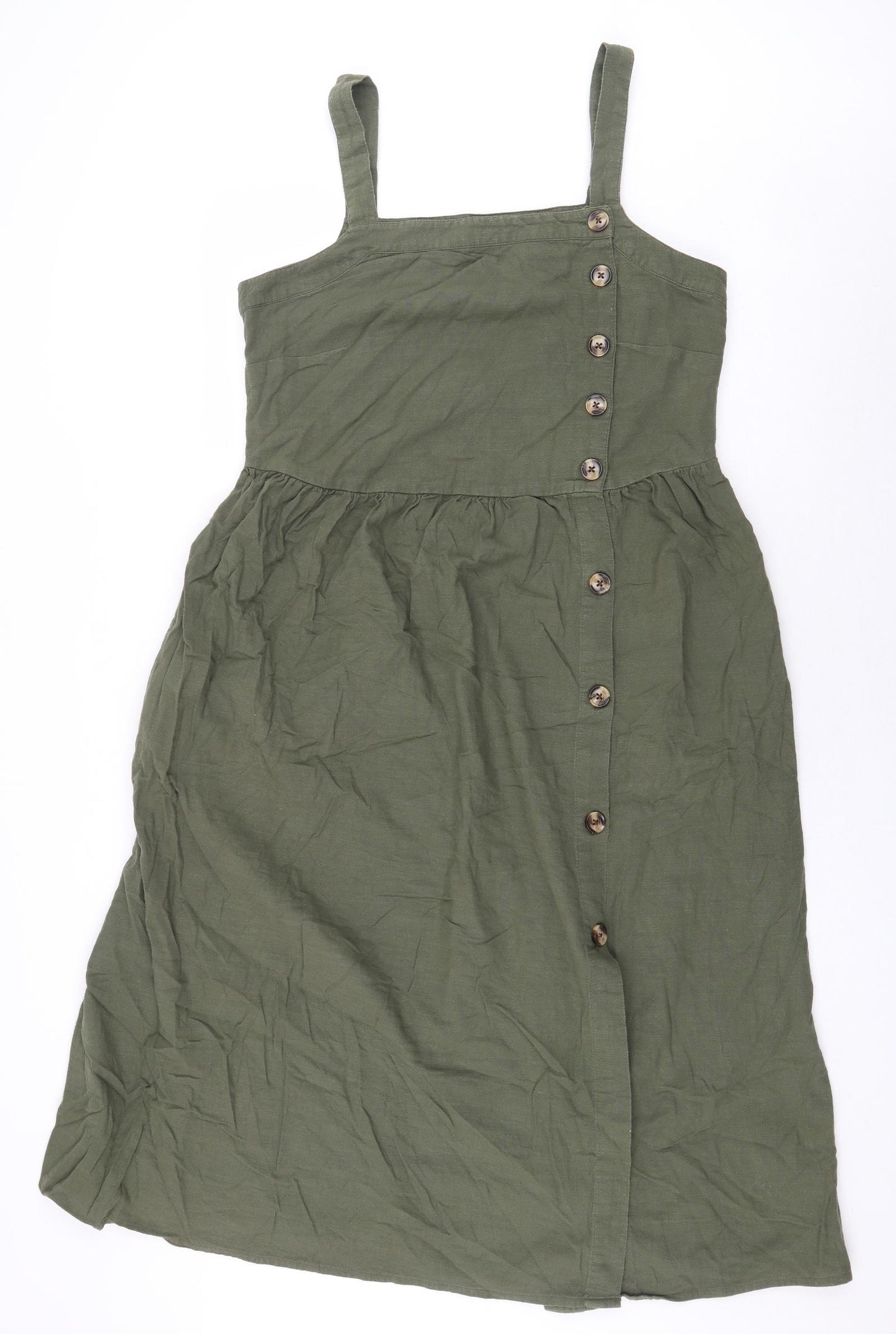 Marks and Spencer Womens Green 100% Cotton Pinafore/Dungaree Dress Size 12 Off the Shoulder Button