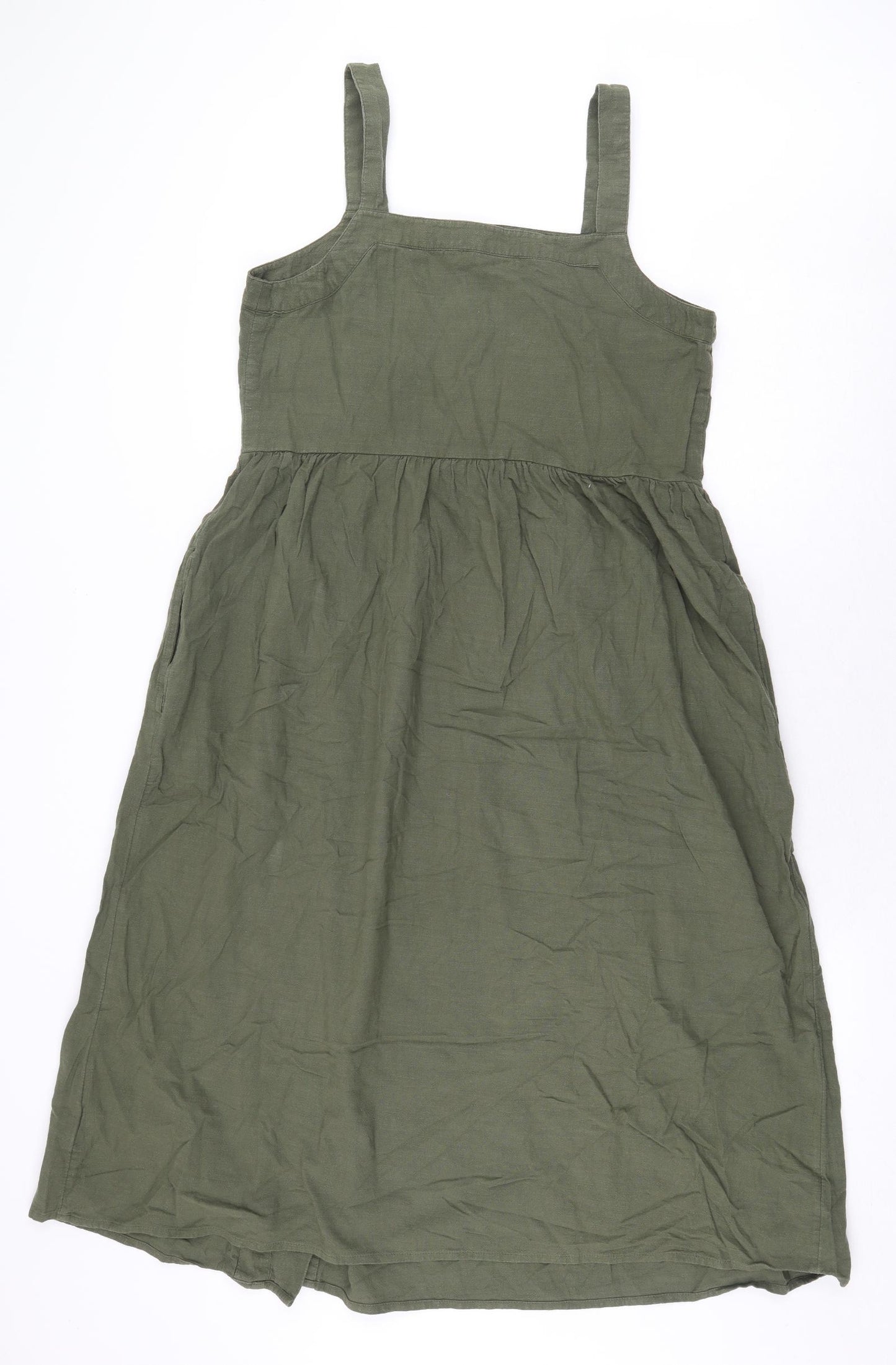 Marks and Spencer Womens Green 100% Cotton Pinafore/Dungaree Dress Size 12 Off the Shoulder Button
