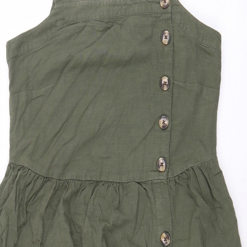 Marks and Spencer Womens Green 100% Cotton Pinafore/Dungaree Dress Size 12 Off the Shoulder Button