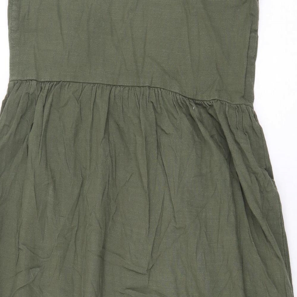 Marks and Spencer Womens Green 100% Cotton Pinafore/Dungaree Dress Size 12 Off the Shoulder Button