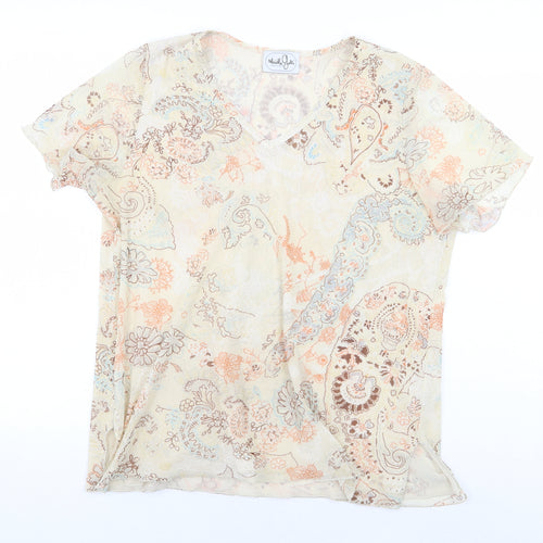 Maliella Gelli Womens Beige Floral Polyester Basic Blouse Size 14 V-Neck - Size 14/16