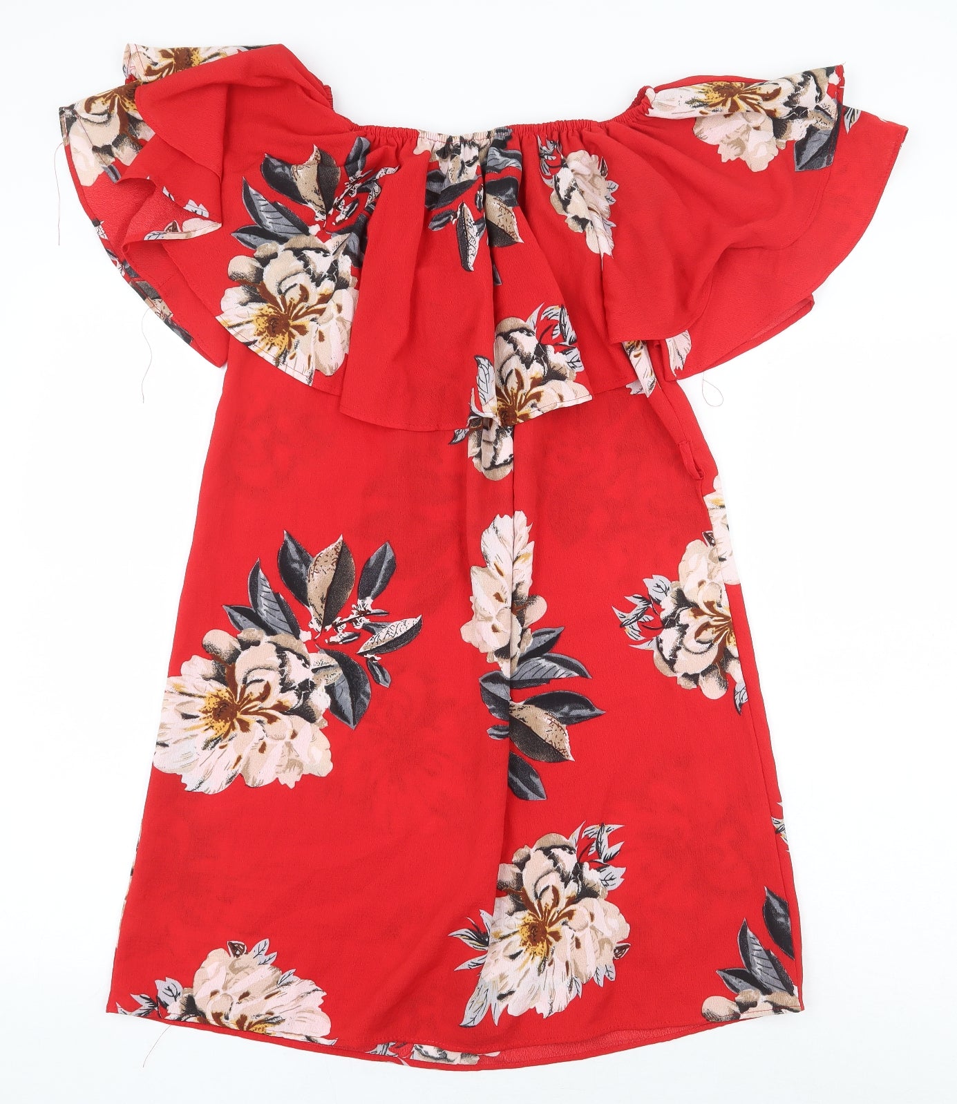 Preworn Womens Red Floral Polyester Basic Blouse Size L Off the Shoulder