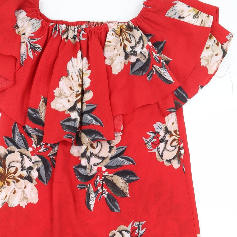 Preworn Womens Red Floral Polyester Basic Blouse Size L Off the Shoulder