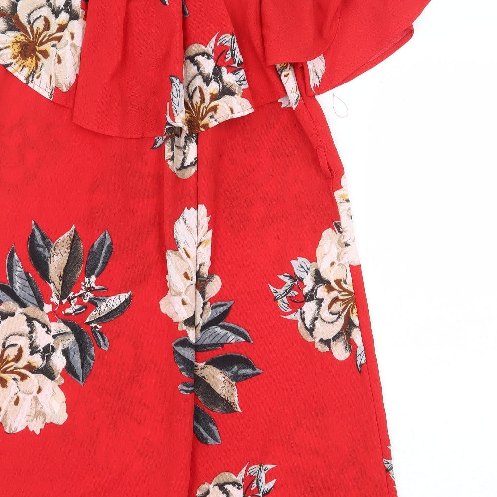 Preworn Womens Red Floral Polyester Basic Blouse Size L Off the Shoulder