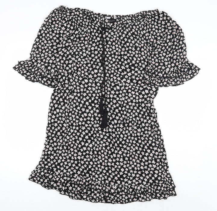 Dorothy Perkins Womens Black Floral Viscose A-Line Size 12 Off the Shoulder Pullover