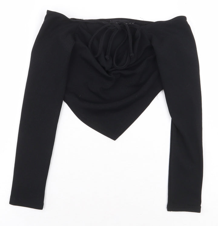 PRETTYLITTLETHING Womens Black Polyester Cropped Blouse Size 6 V-Neck - Asymmetric