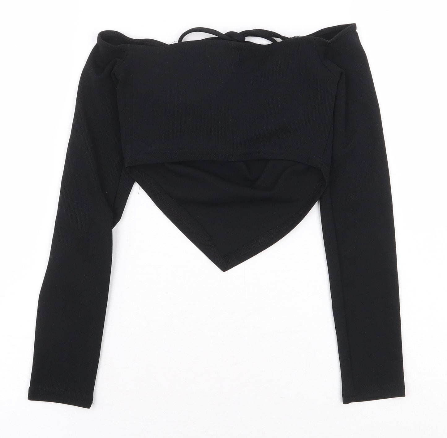 PRETTYLITTLETHING Womens Black Polyester Cropped Blouse Size 6 V-Neck - Asymmetric