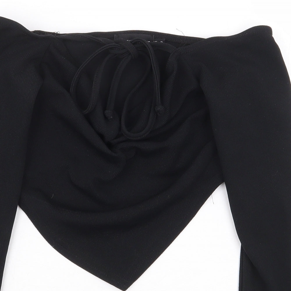 PRETTYLITTLETHING Womens Black Polyester Cropped Blouse Size 6 V-Neck - Asymmetric