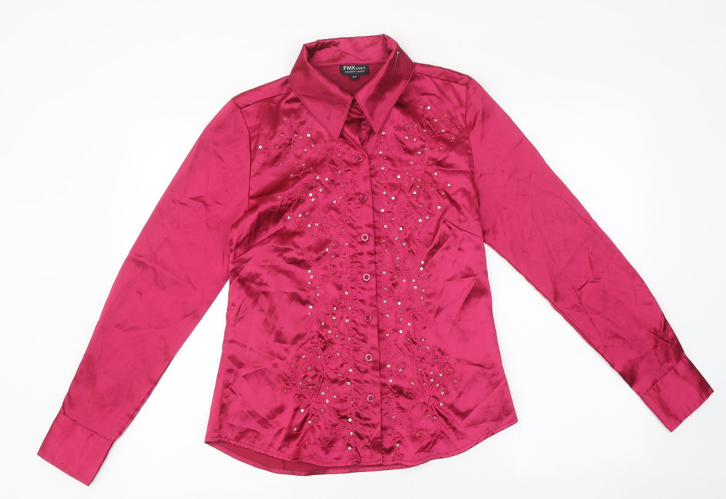 FMX Womens Pink Polyester Basic Button-Up Size S Collared