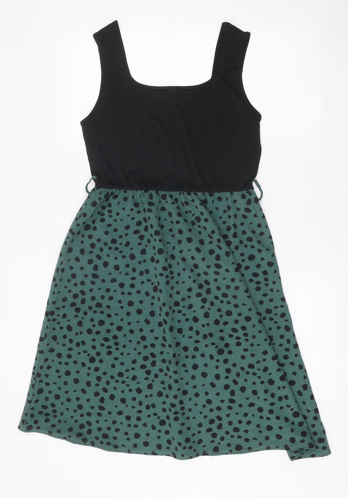 SheIn Womens Green Polka Dot Polyester Skater Dress Size L Square Neck Pullover