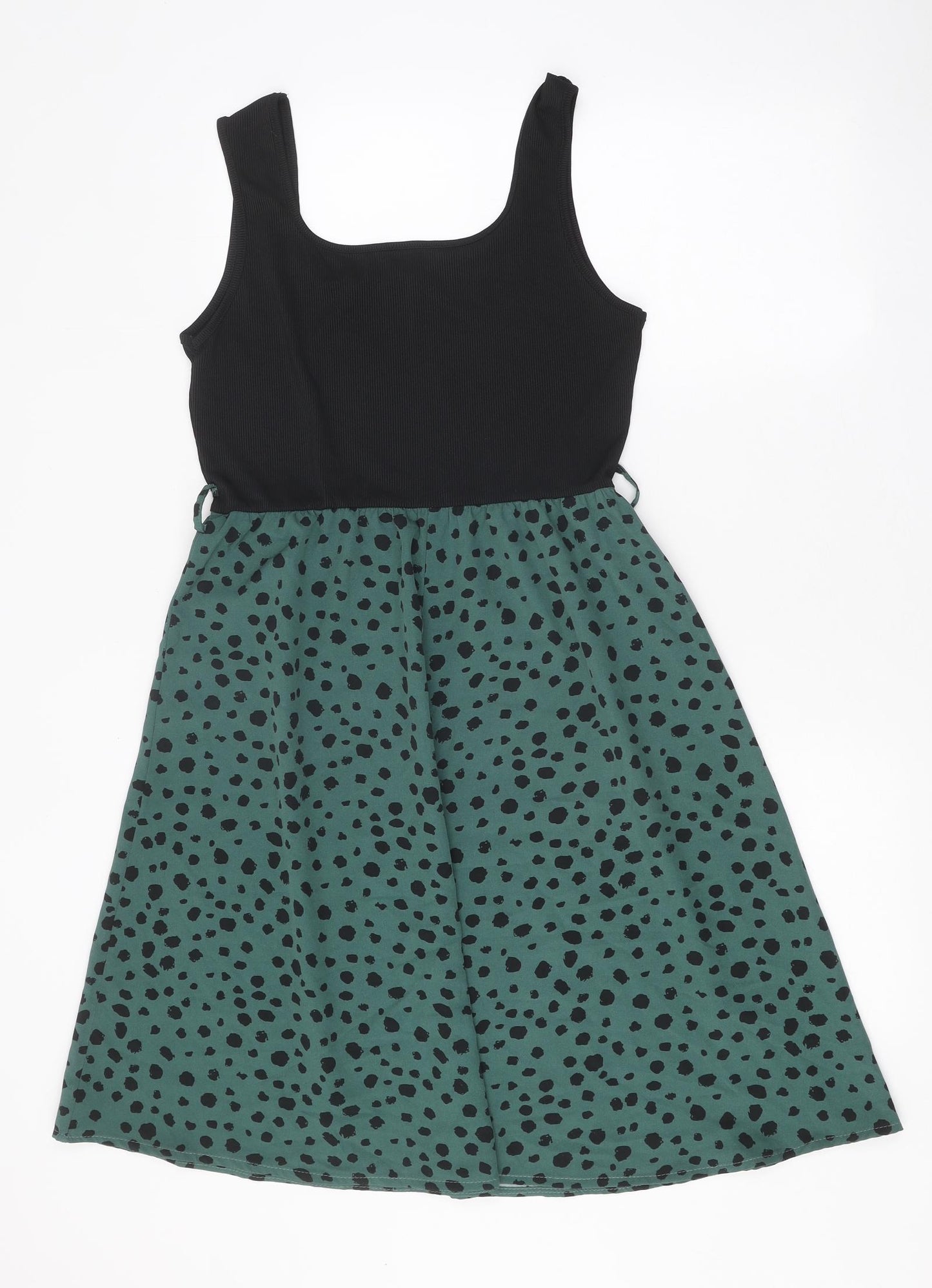 SheIn Womens Green Polka Dot Polyester Skater Dress Size L Square Neck Pullover