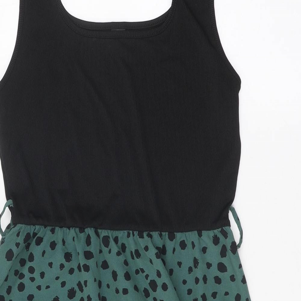 SheIn Womens Green Polka Dot Polyester Skater Dress Size L Square Neck Pullover