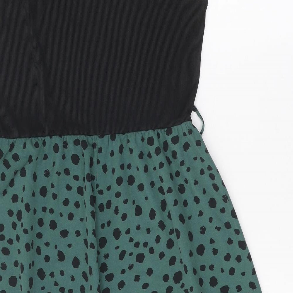 SheIn Womens Green Polka Dot Polyester Skater Dress Size L Square Neck Pullover