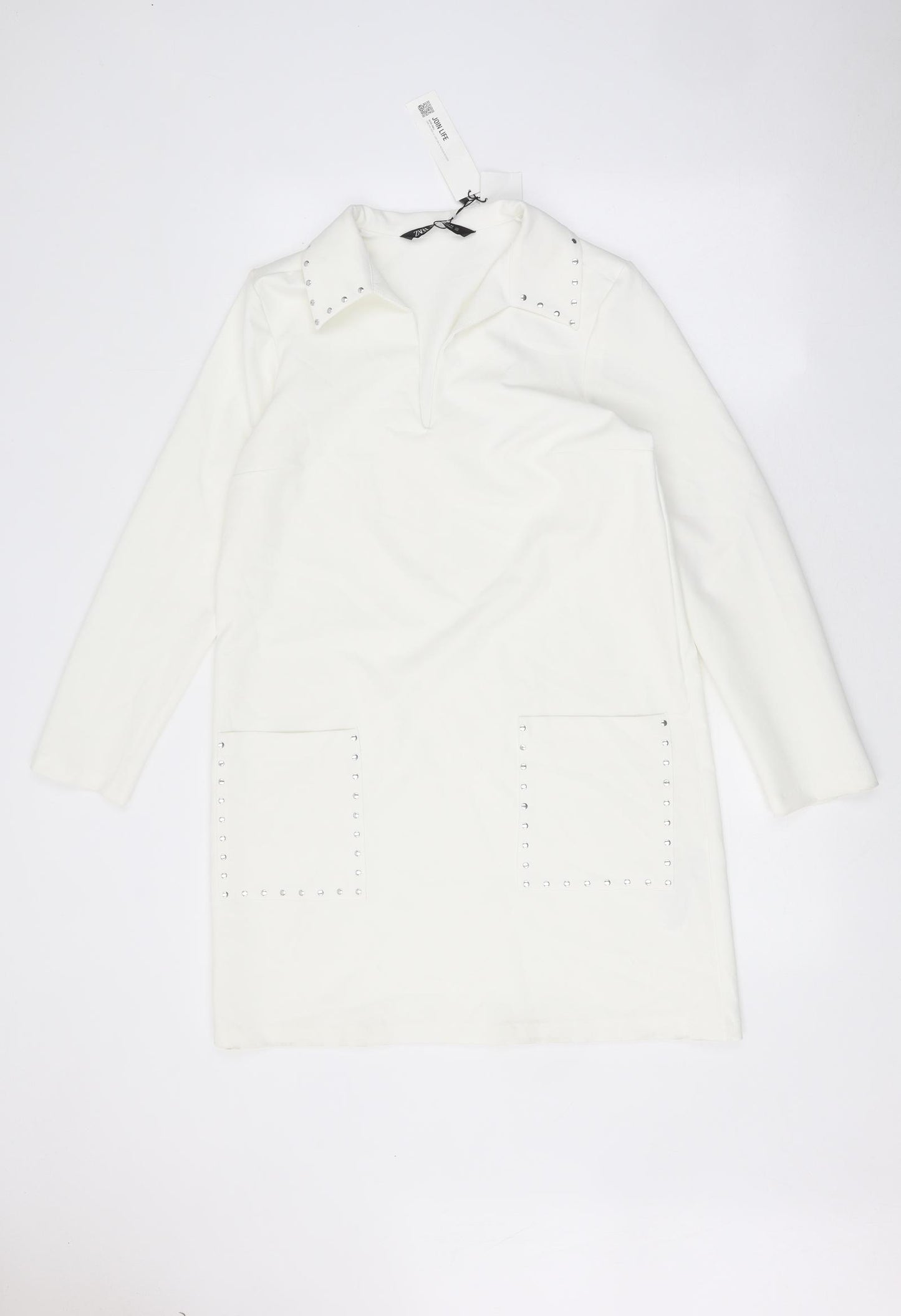 Zara Womens White Polyester A-Line Size XS Round Neck Pullover